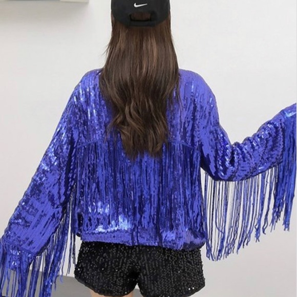 Black sequin fringe zip up jackets - Picture 2 of 4